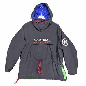 Vtg 90s Nautica Competition Anorak Jacket Sz XL‎ Fleece Lined Pullover Black Red